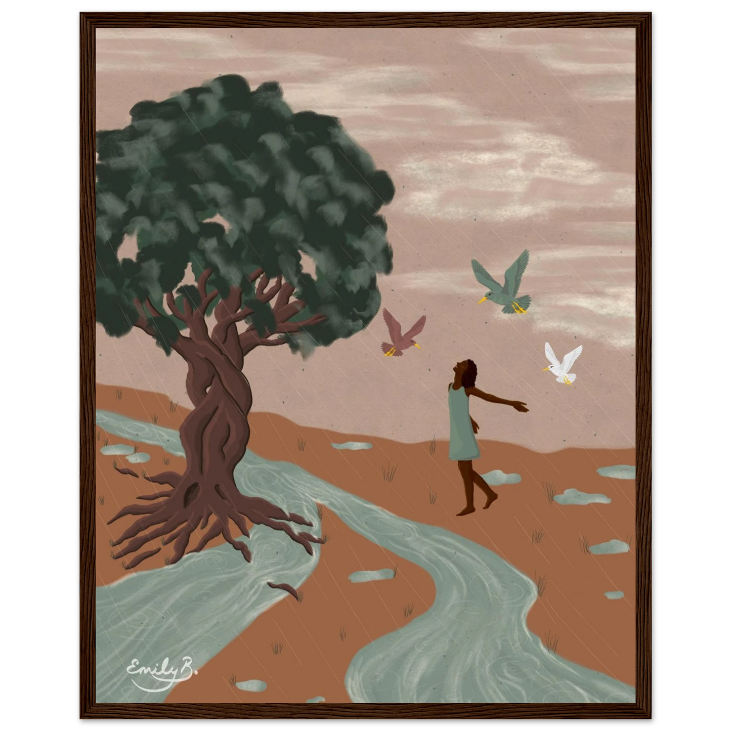 Joyful framed art print featuring dancing figures and birds