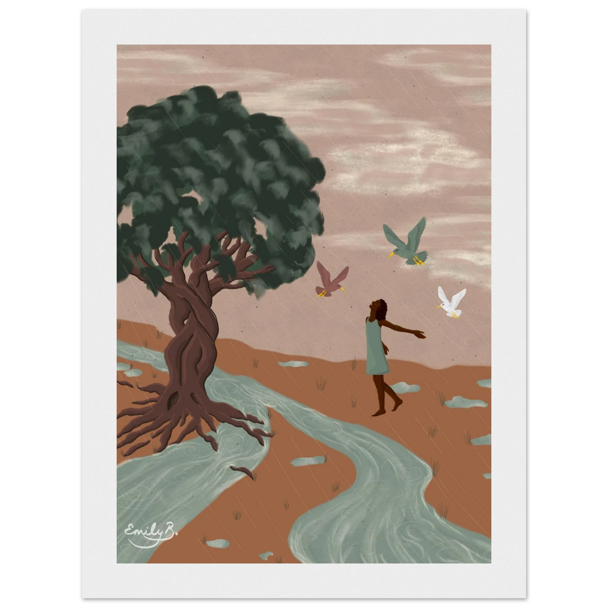 Framed illustrated art print inspired by movement, rain, and nature
