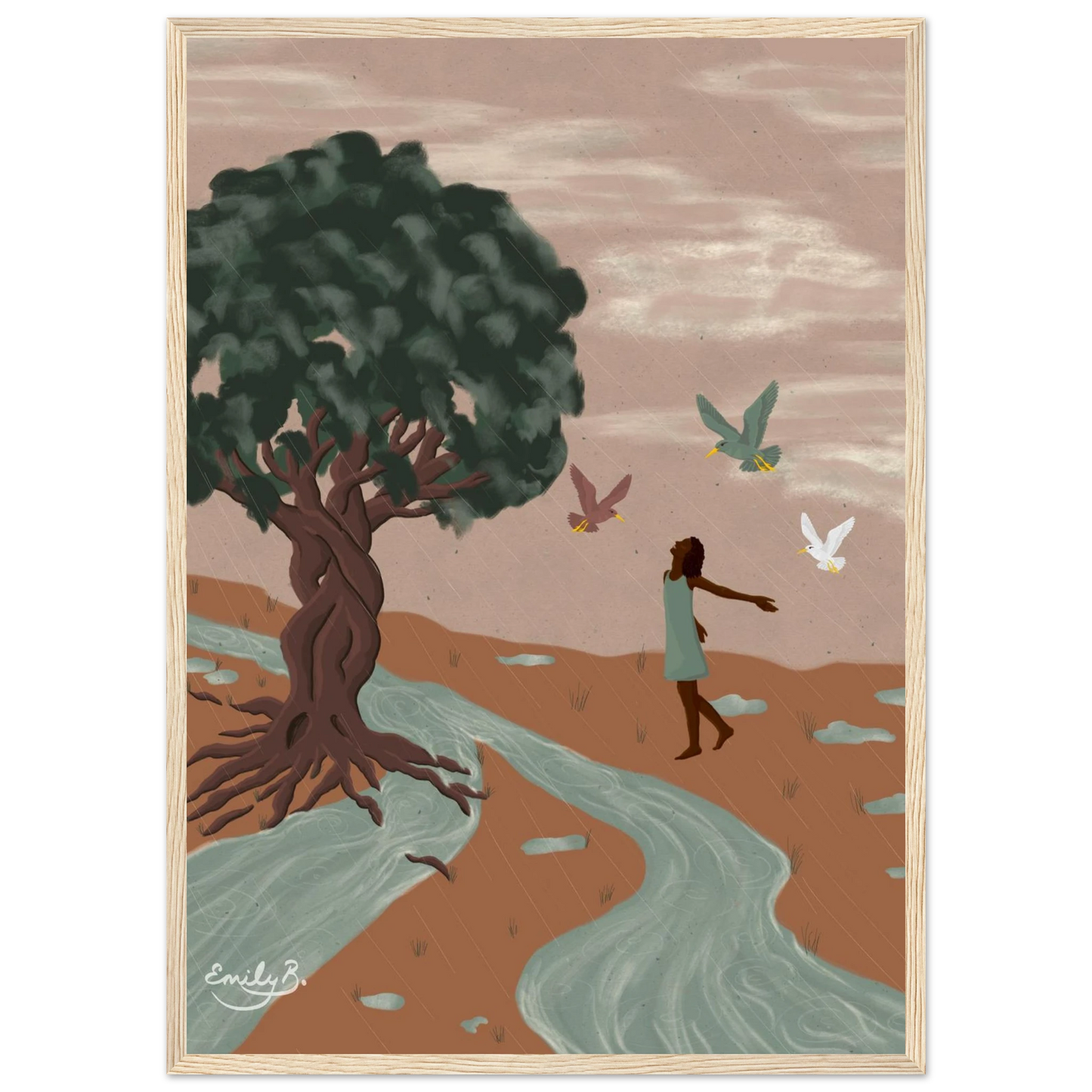Framed art print showing a dancing figure in the rain with birds above