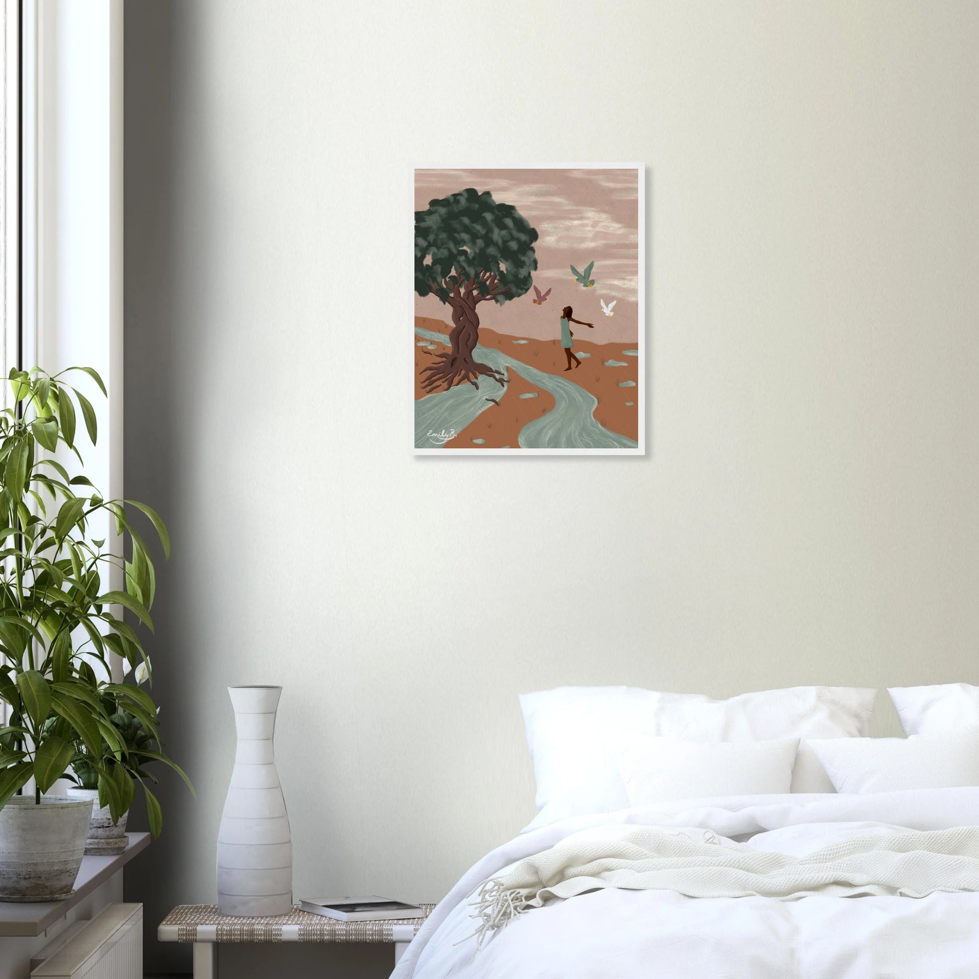 Framed Dancing Birds illustrated art print displayed in a creative living space
