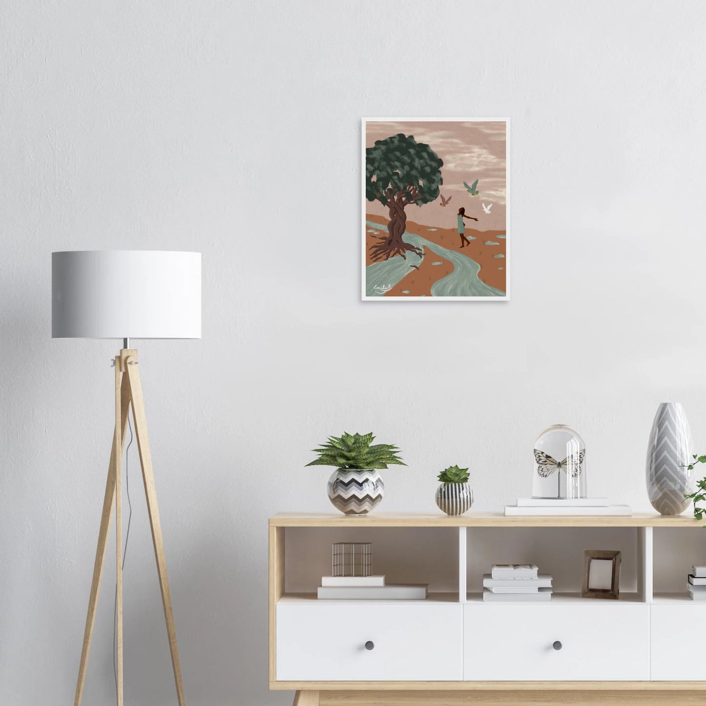 Dancing Birds framed art print displayed on a wall from the Kindred Creatures collection