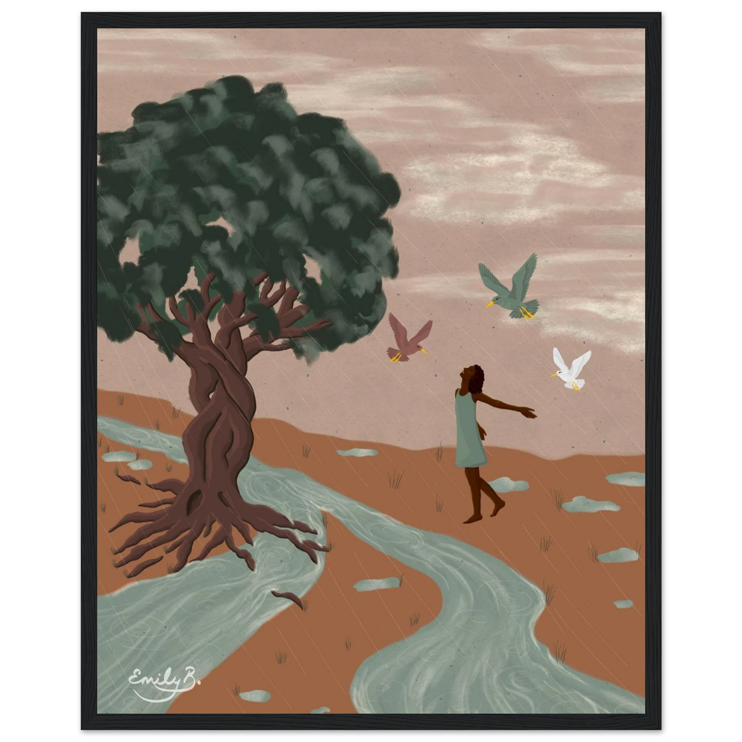 Framed illustrated art print featuring the Dancing Birds artwork by Emily B. Studio