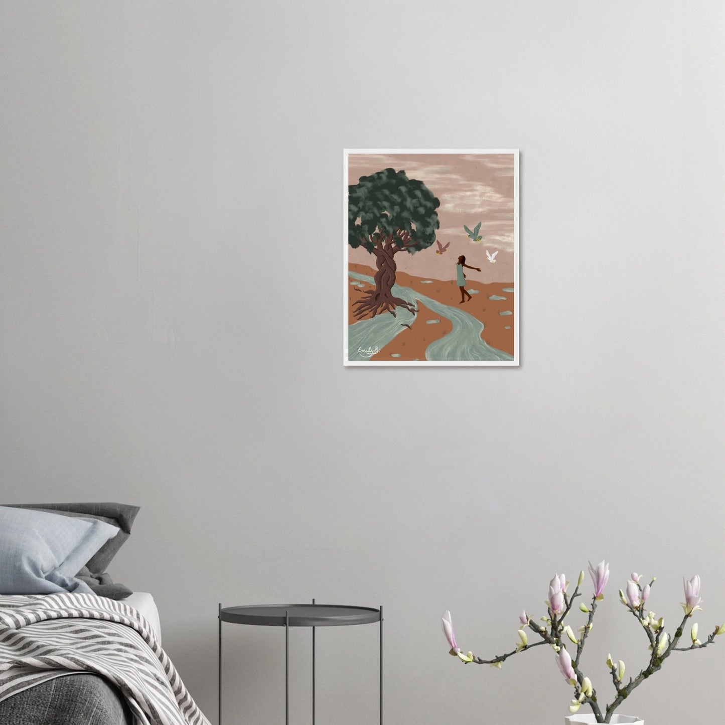 Framed illustrated wall art showing the Dancing Birds artwork by Emily B. Studio