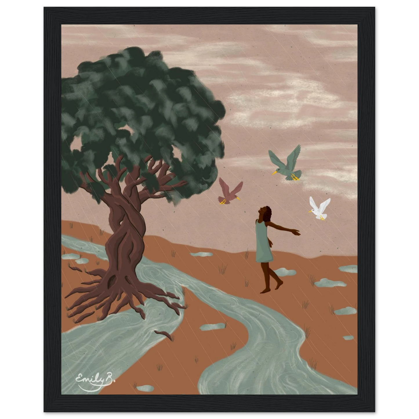 Framed illustrated wall art print showing a woman dancing with birds in the rain