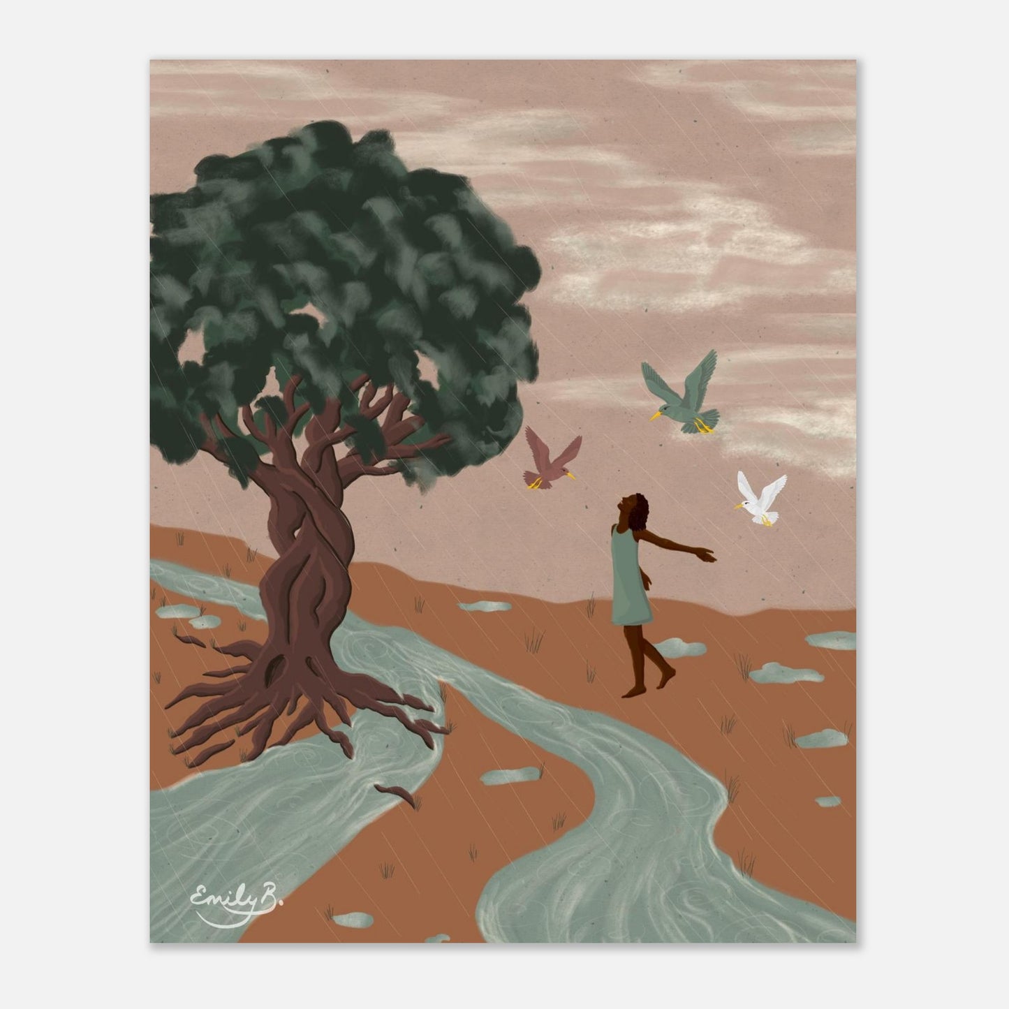 Illustrated wall art print of a woman dancing in the rain beneath a tree with birds from the Kindred Creatures collection
