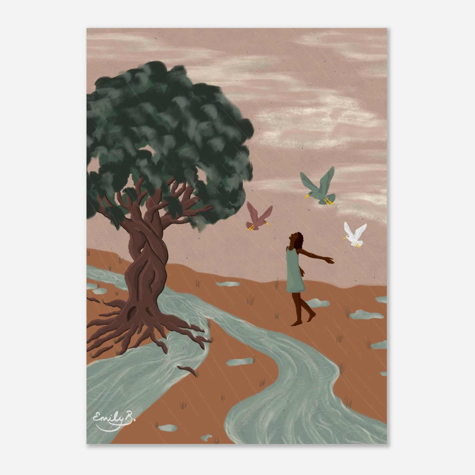 Dancing Birds art print by Emily B. Studio featuring a woman dancing near a river with birds moving above her