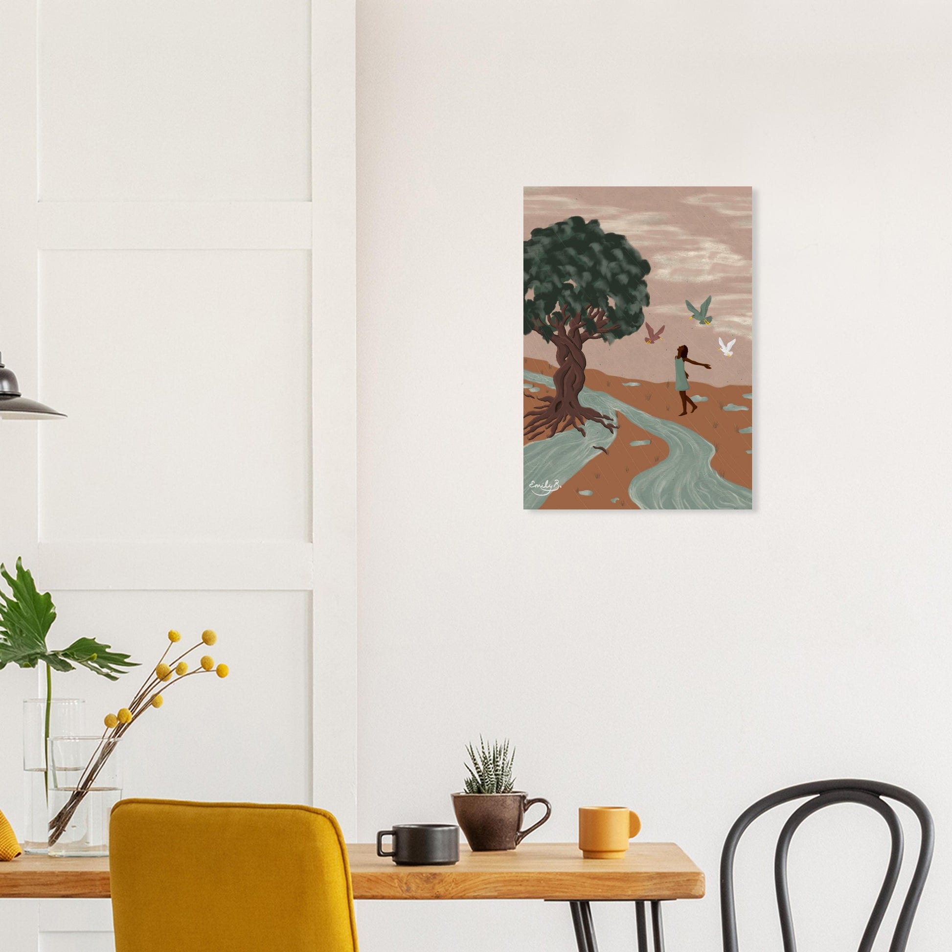 Unframed illustrated wall art print of a woman dancing freely with birds in the rain