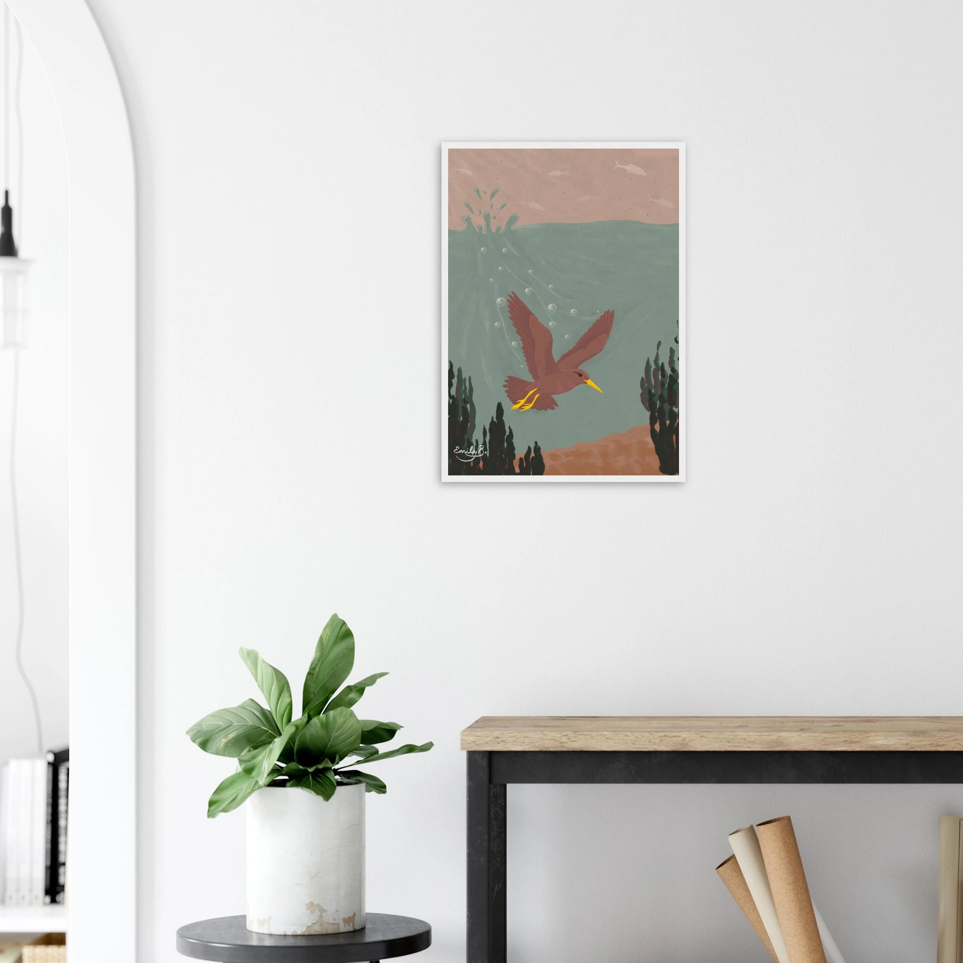Diving Bird framed art print displayed showing habitat reversal with fish in the sky and bird underwater