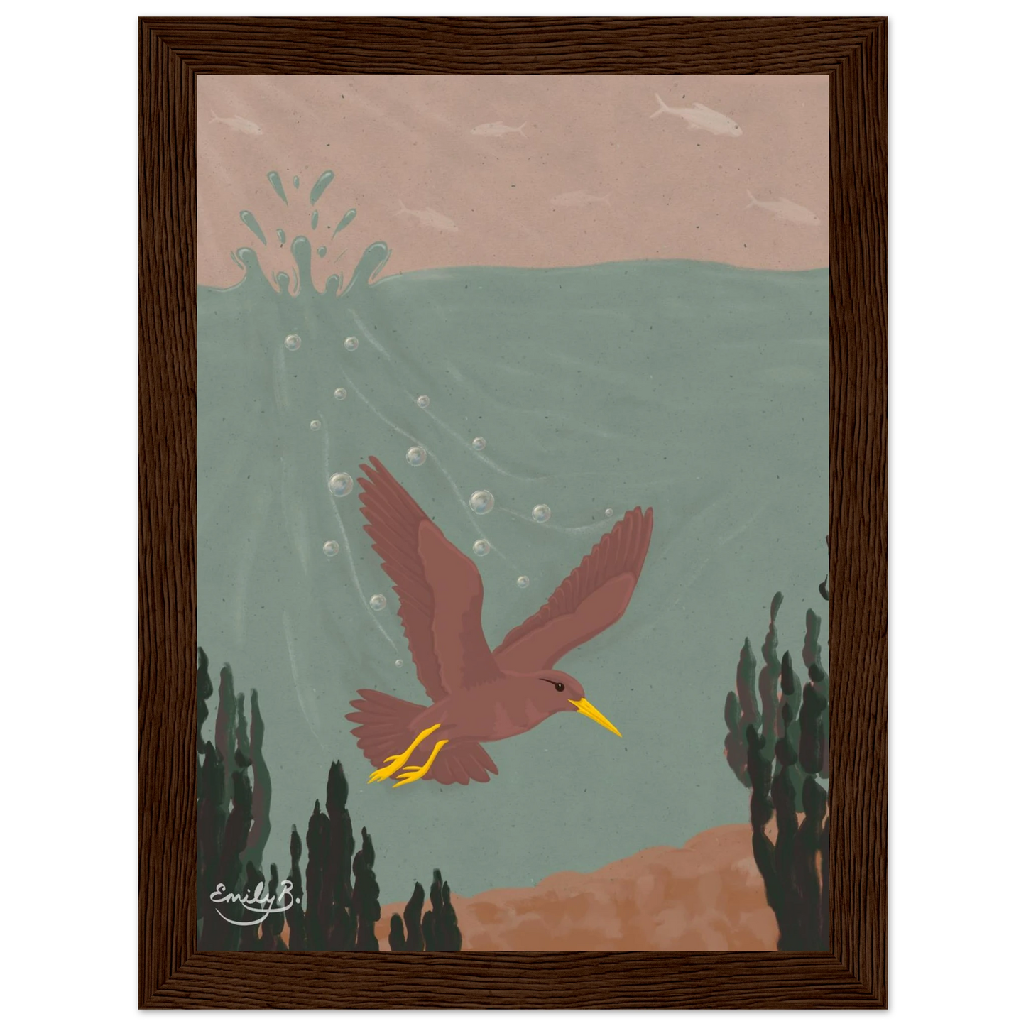 Diving Bird framed art print featuring fish suspended in a pinky beige sky