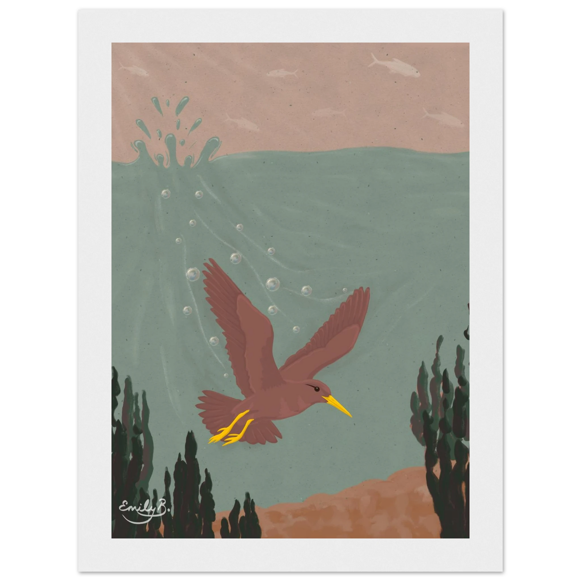Diving Bird framed artwork capturing a surreal reversal of sky and water habitats