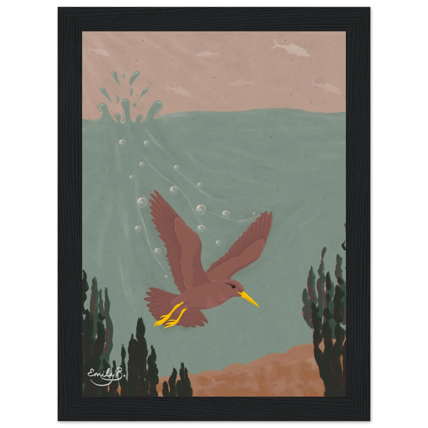 Diving Bird framed illustration highlighting green blue water tones and suspended bubbles