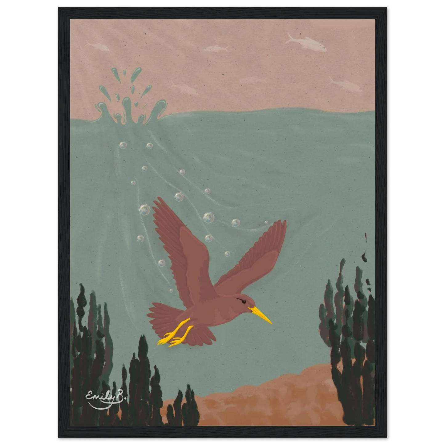 Diving Bird illustrated framed wall art featuring underwater movement and sky inversion