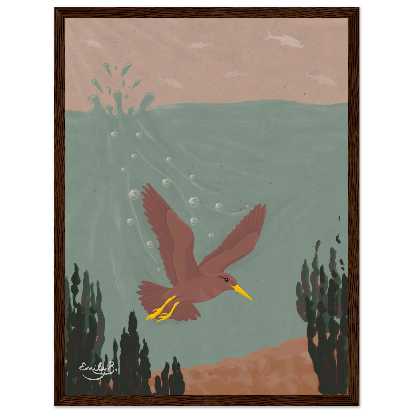 Diving Bird framed art print showing a dark dusky pink bird entering water