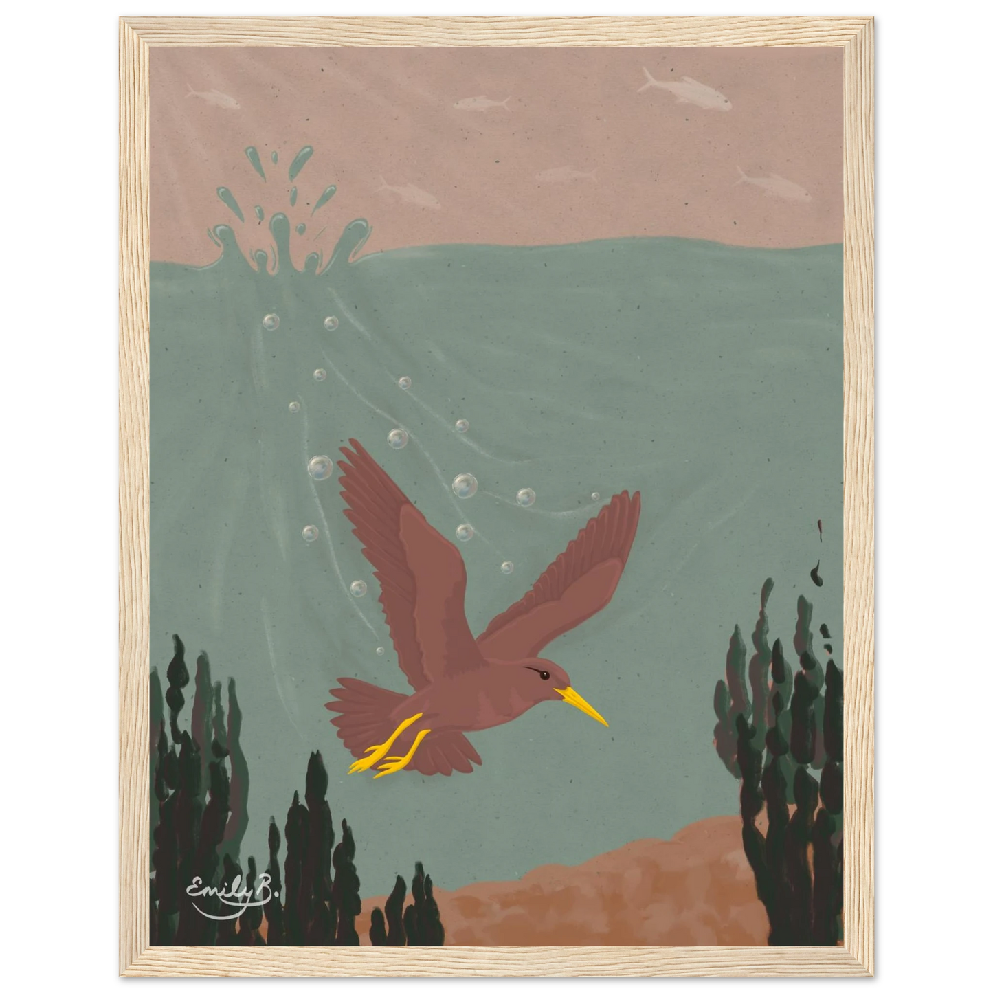 Diving Bird framed artwork highlighting splash details and bubbles underwater