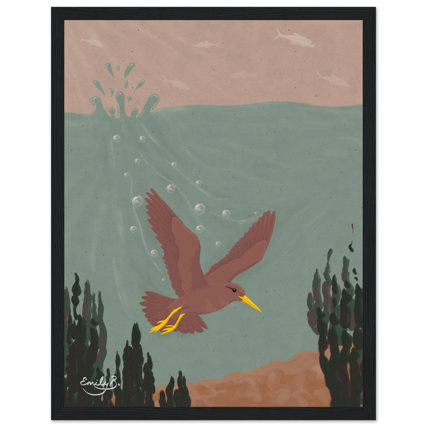 Diving Bird framed art print with river plants growing upward beneath the surface