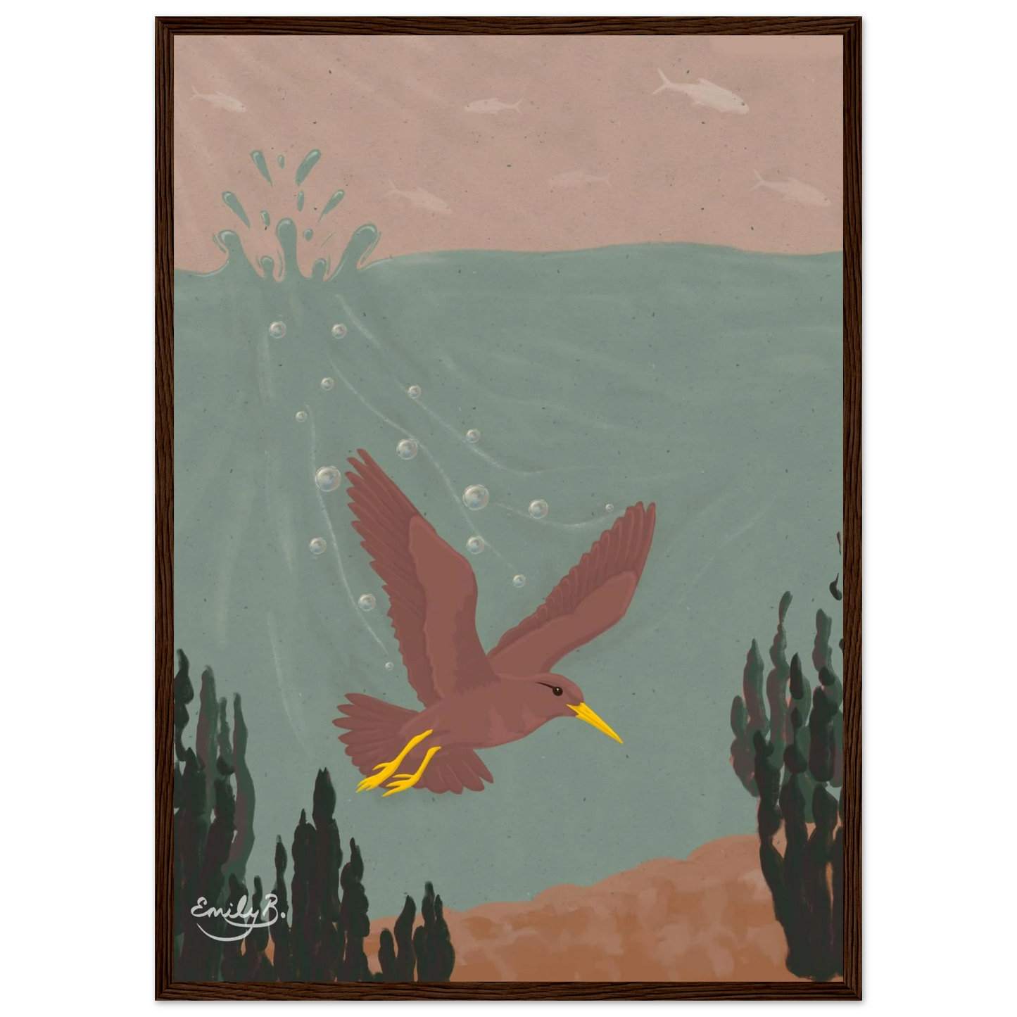 Diving Bird framed artwork front view featuring layered water and sky composition