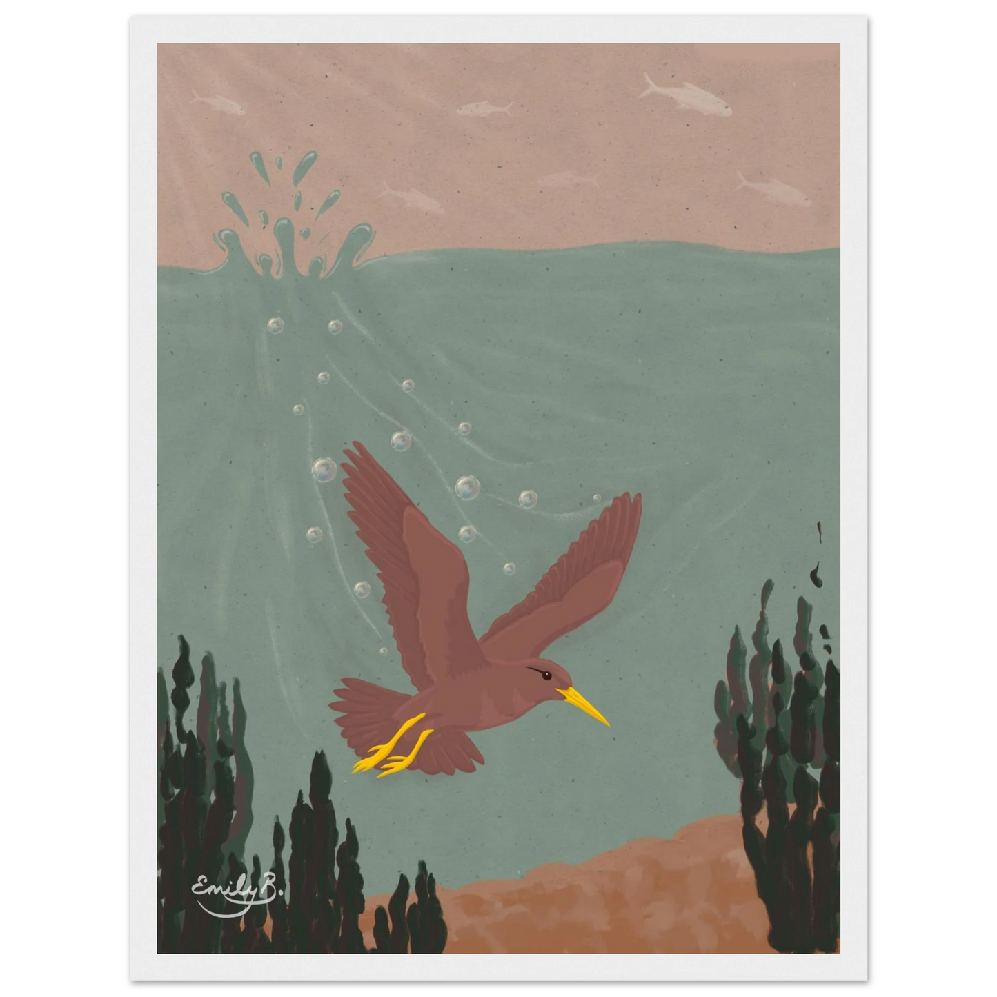 Diving Bird framed illustration depicting habitat reversal with fish in the sky