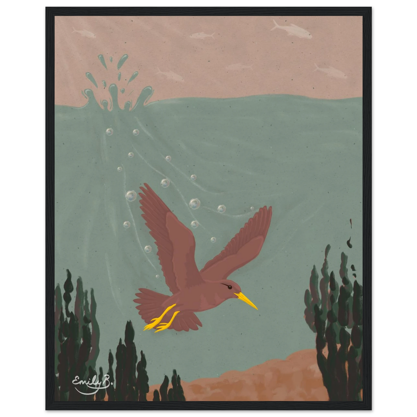 Diving Bird framed art print combining surreal nature imagery and underwater action