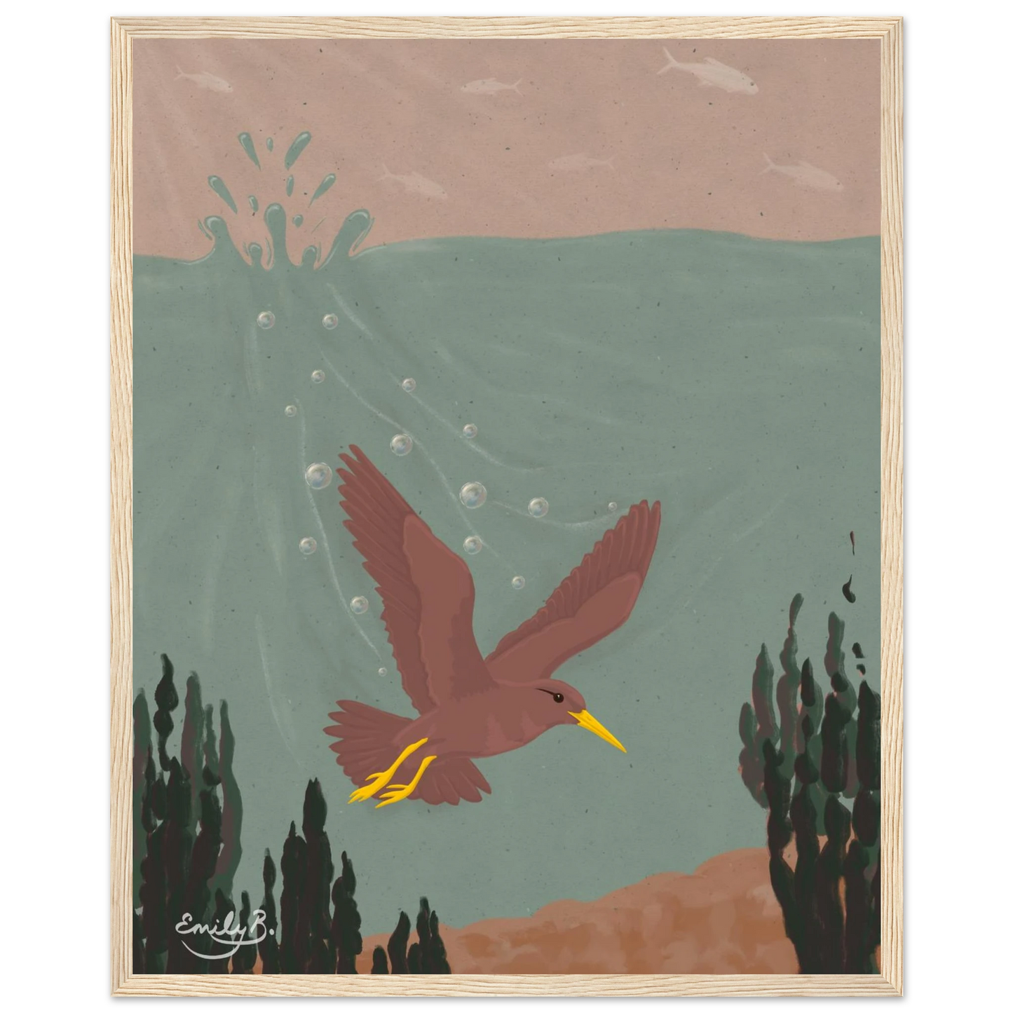 Diving Bird framed artwork showing green blue water and pinky beige sky