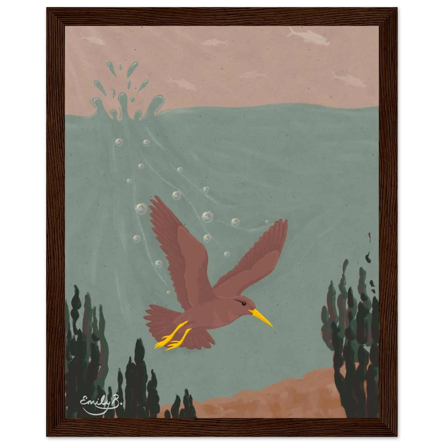 Diving Bird framed illustration capturing a stylised underwater river scene