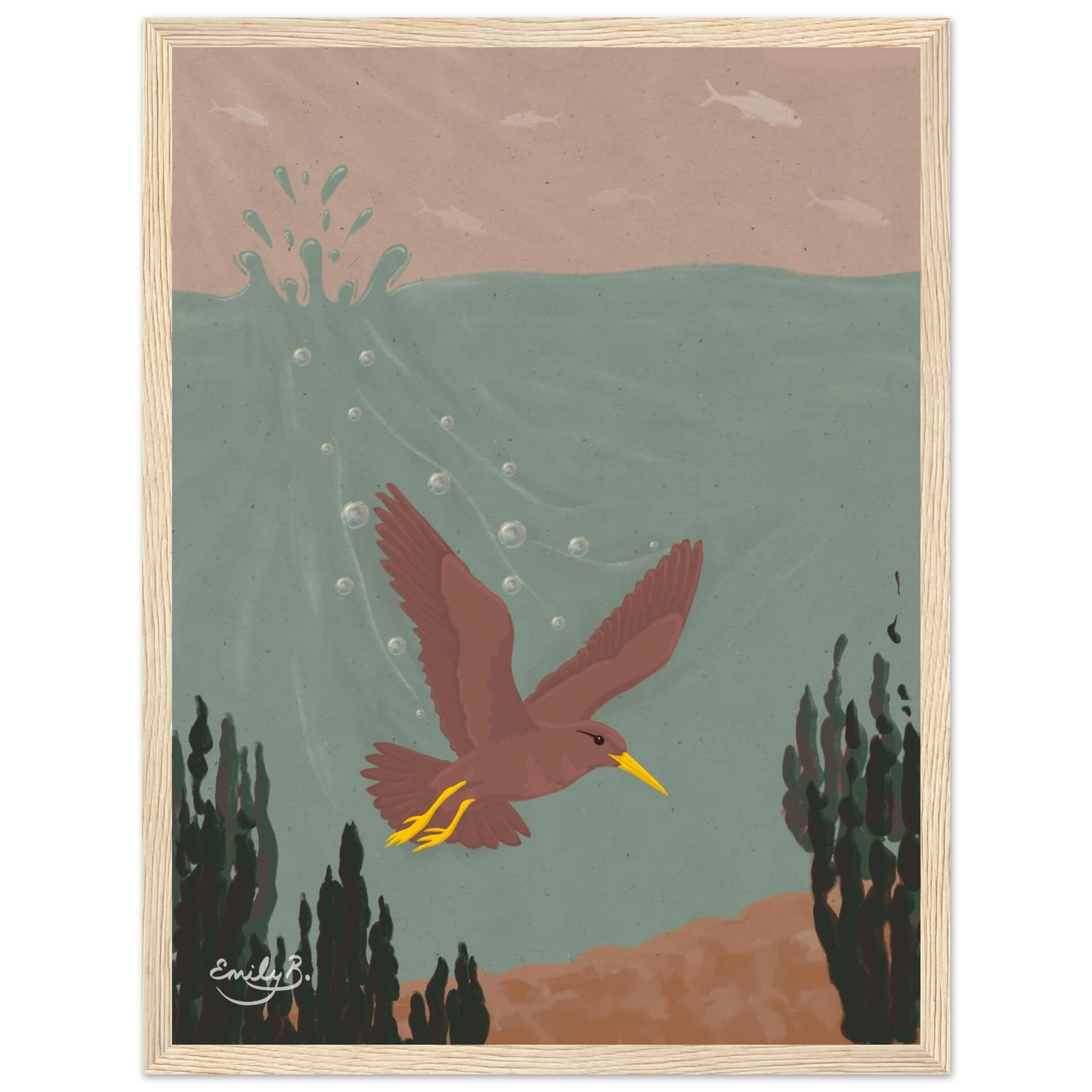 Diving Bird framed art print featuring a diving bird and fish suspended above