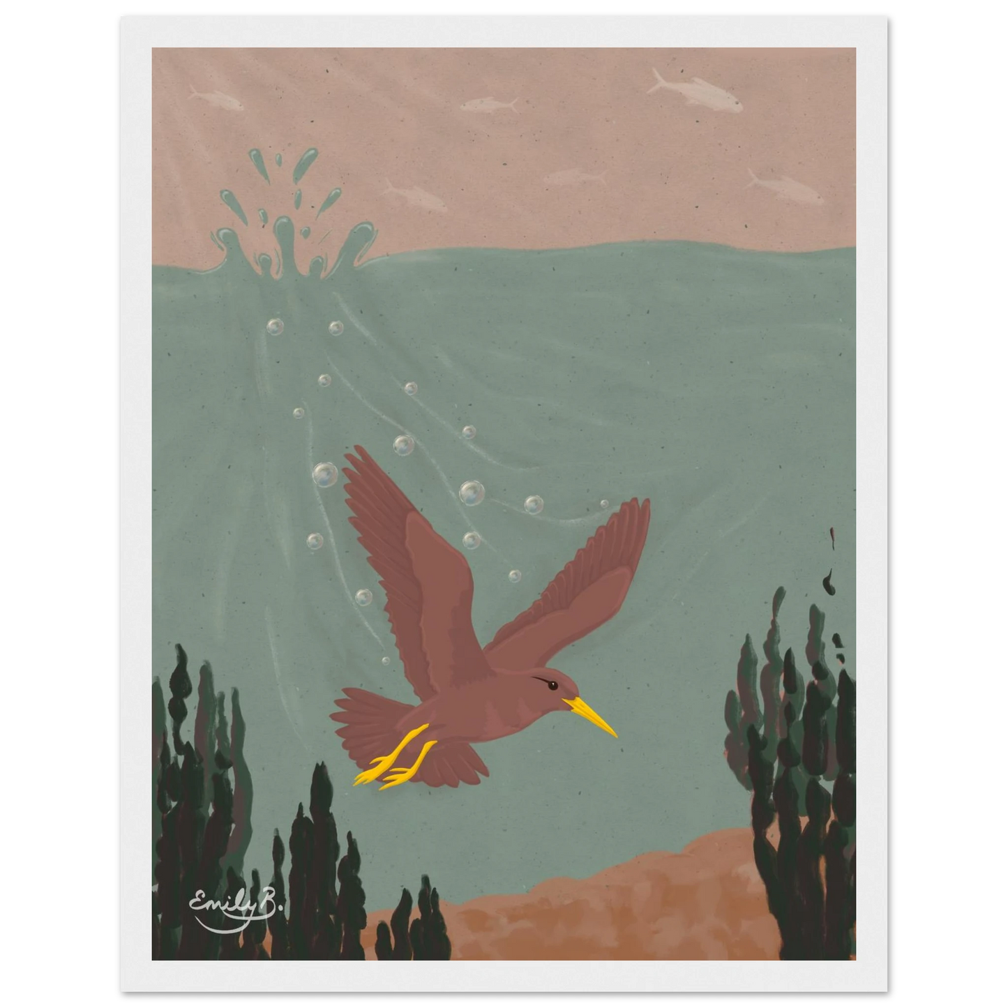 Diving Bird framed artwork front view highlighting movement between sky and water