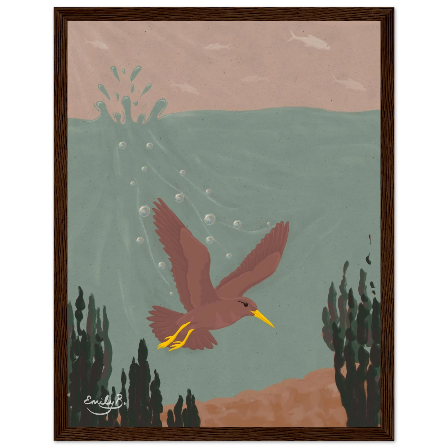 Diving Bird illustrated framed art print from the Kindred Creatures series