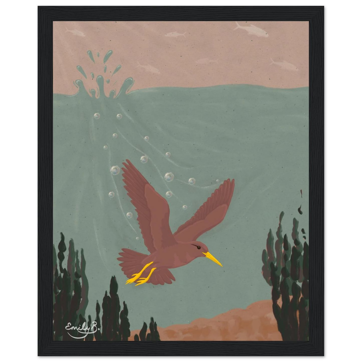 Diving Bird framed artwork detailed view showing splash impact and bubbles