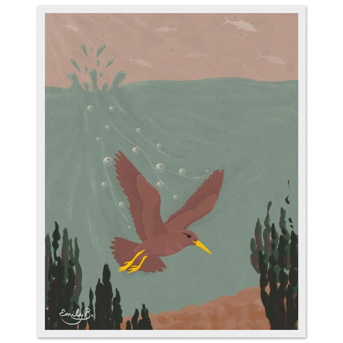 Diving Bird framed art print front view with reversed habitat composition