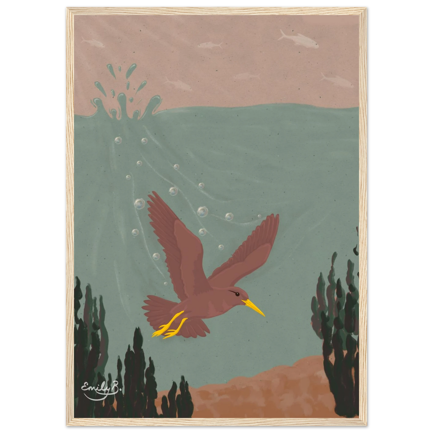 Diving Bird framed artwork by Emily B Studio featuring surreal underwater imagery