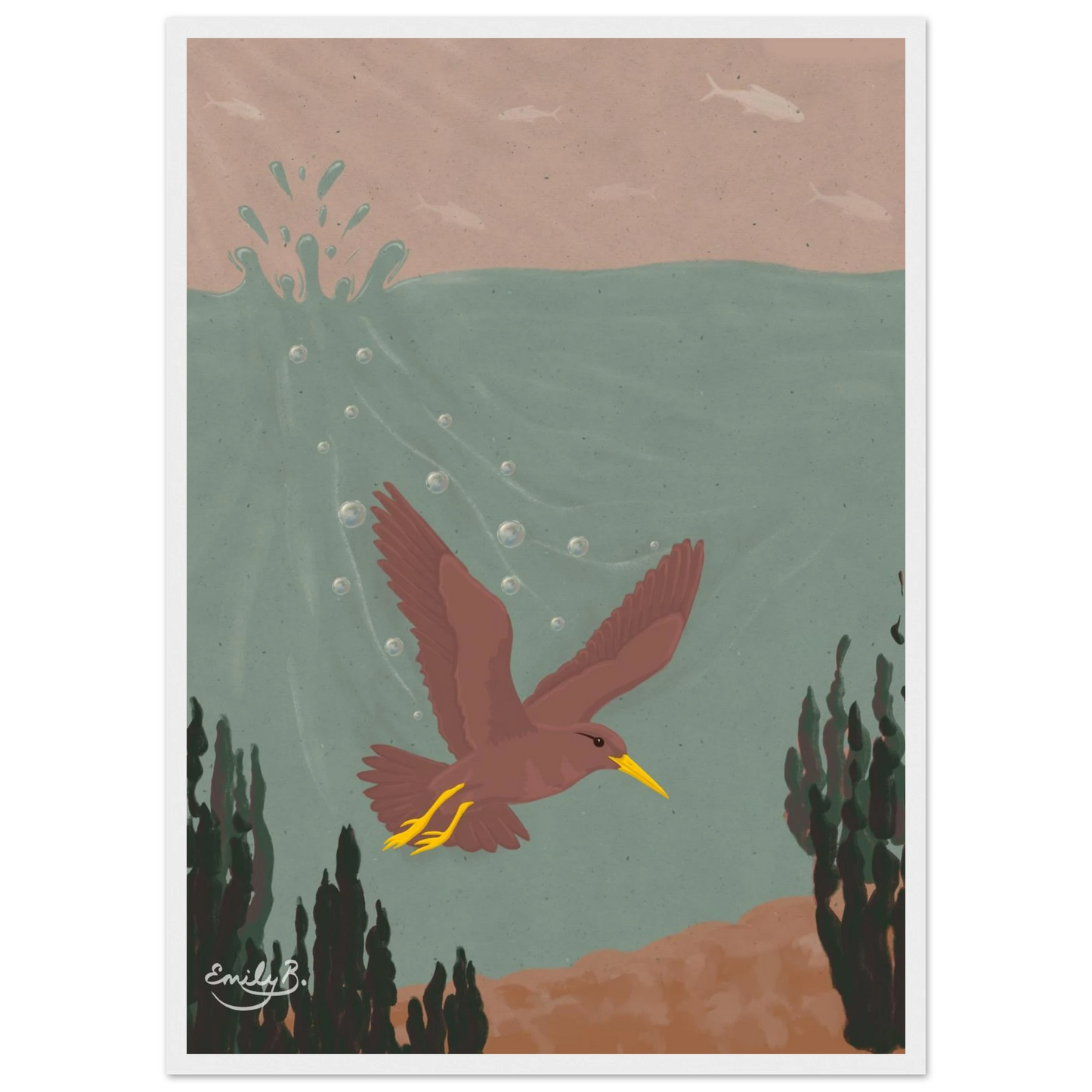 Diving Bird framed artwork front view featuring a dark dusky pink bird underwater