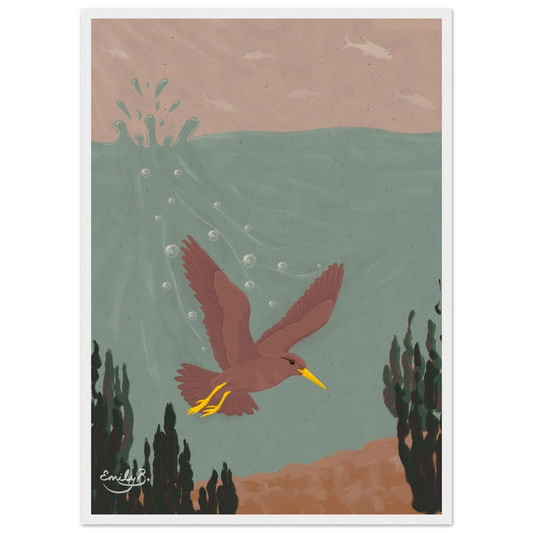 Diving Bird framed artwork front view featuring a dark dusky pink bird underwater