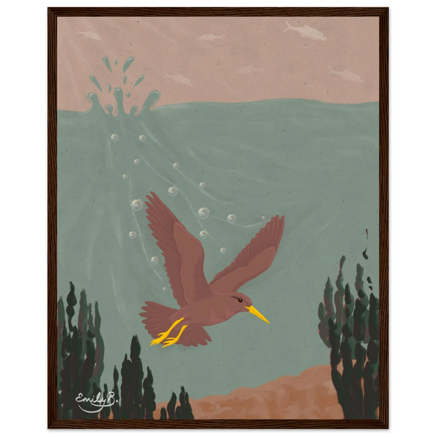 Diving Bird framed art print front view showing splashes and bubbles in green blue water