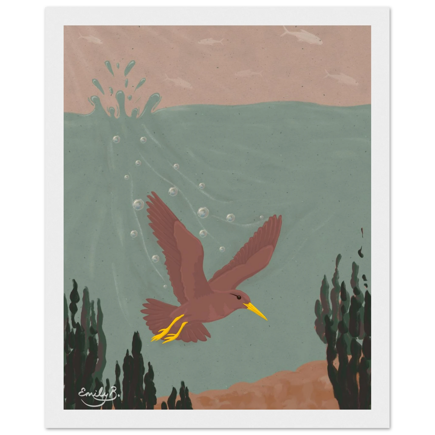 Diving Bird framed illustration front view with river plants rising from the riverbed