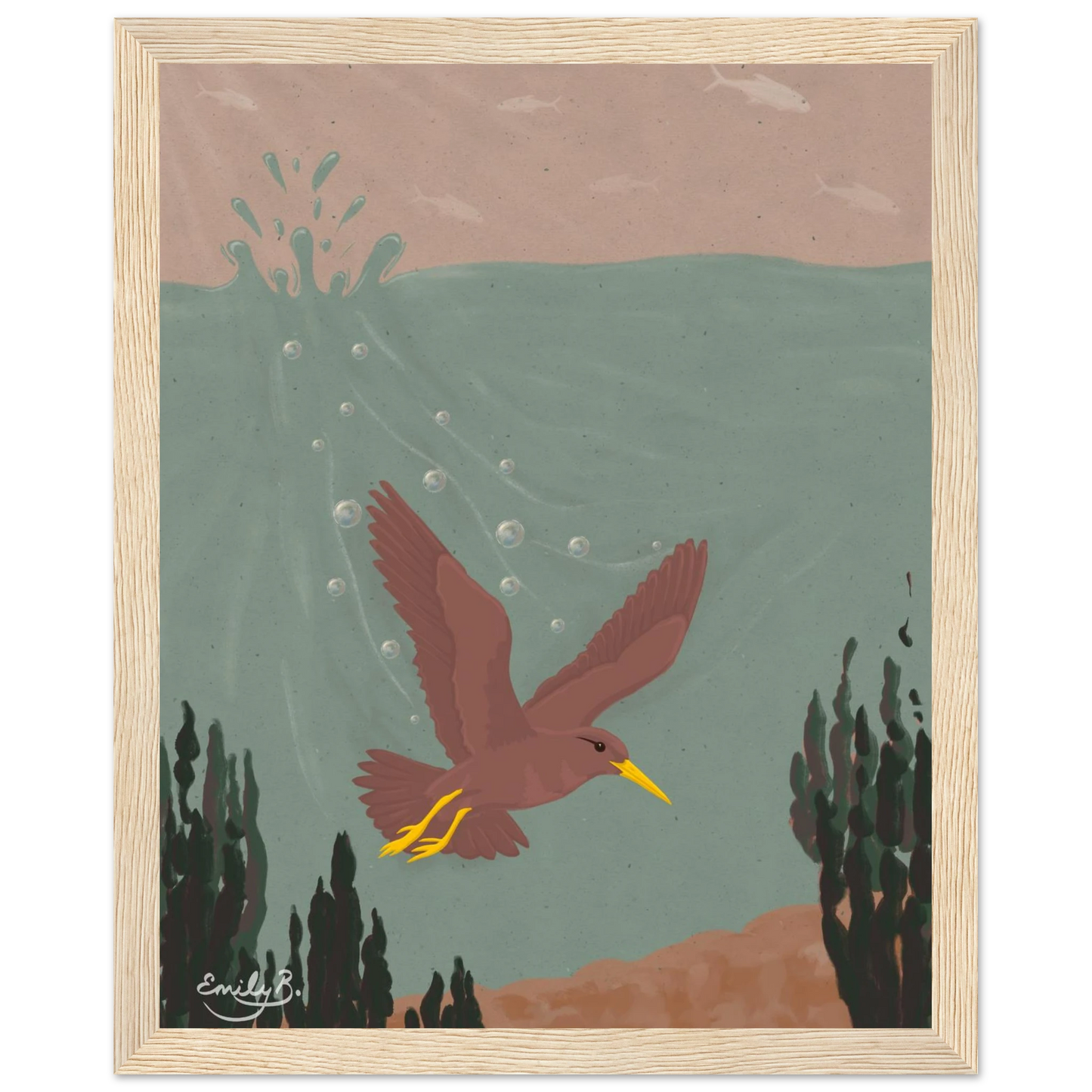 Diving Bird framed artwork showing a bird submerged beneath the water surface
