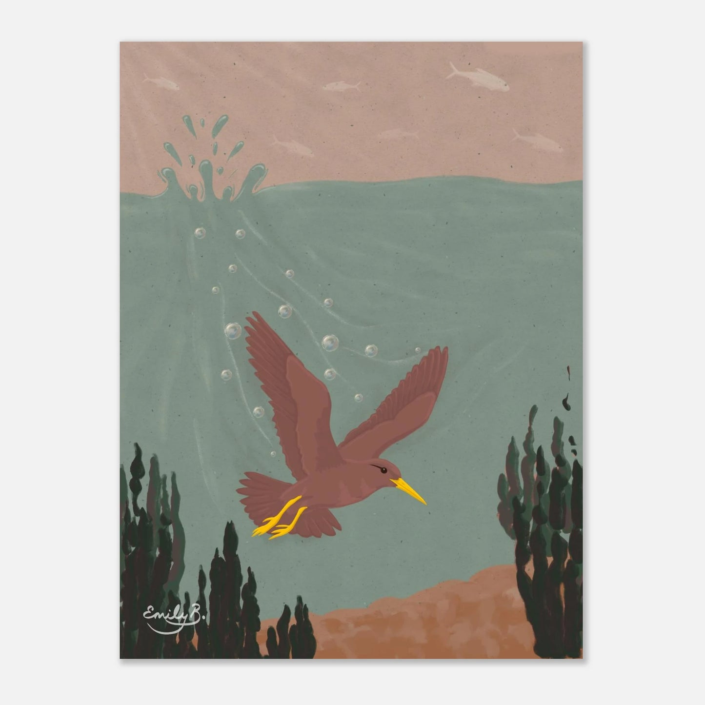 Diving Bird unframed art print featuring fish suspended against a pinky beige sky