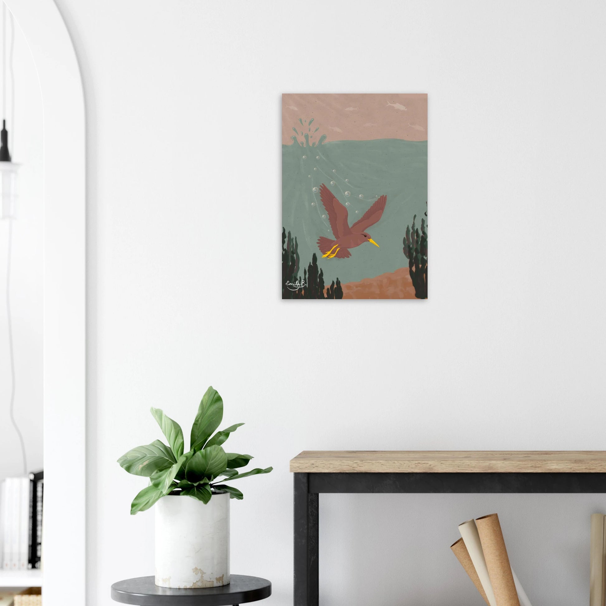 Diving Bird unframed art print front view featuring a dark dusky pink bird diving beneath the water surface
