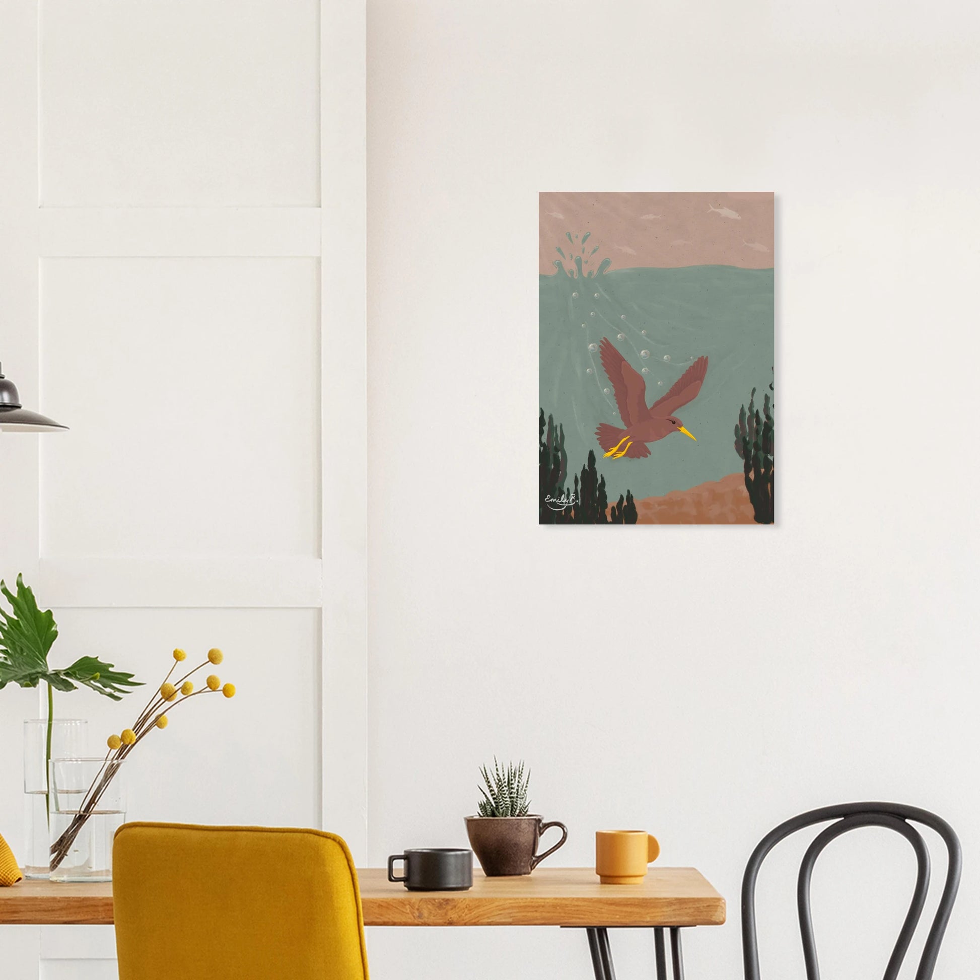 Diving Bird unframed art print displayed showing habitat reversal with bird underwater and fish above