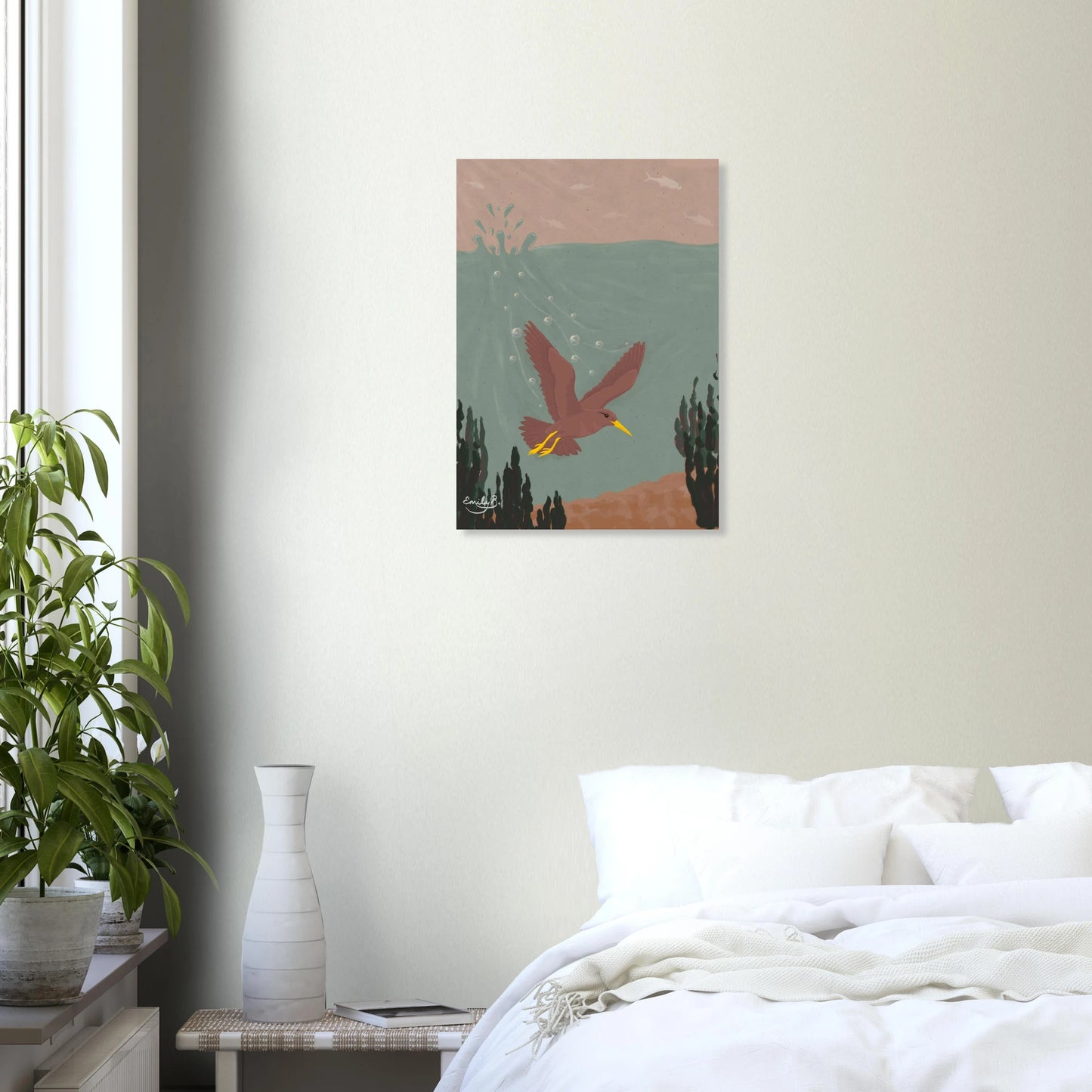 Diving Bird unframed art print displayed featuring a dusky pink bird diving underwater with splashes and bubbles