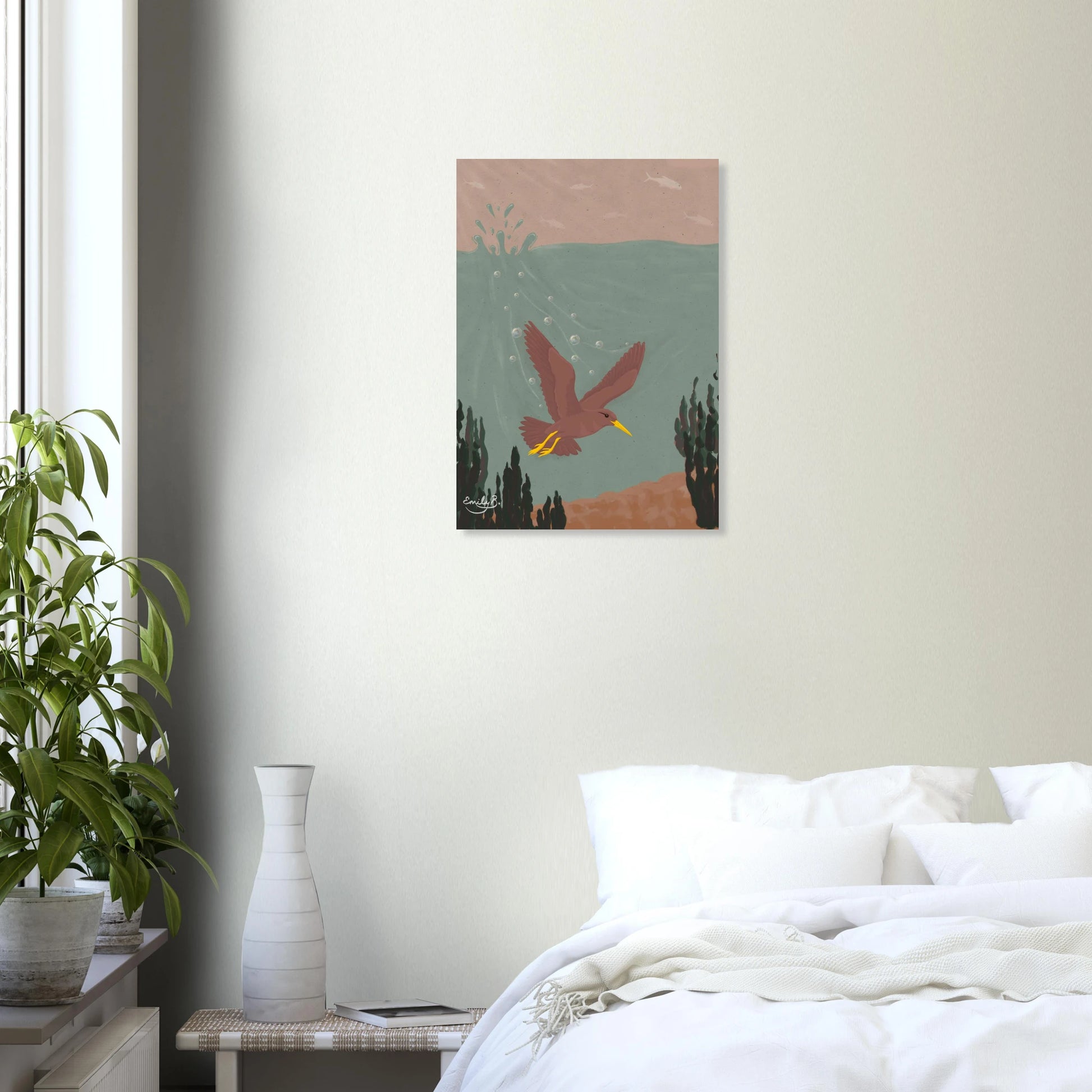 Diving Bird unframed art print displayed featuring a dusky pink bird diving underwater with splashes and bubbles