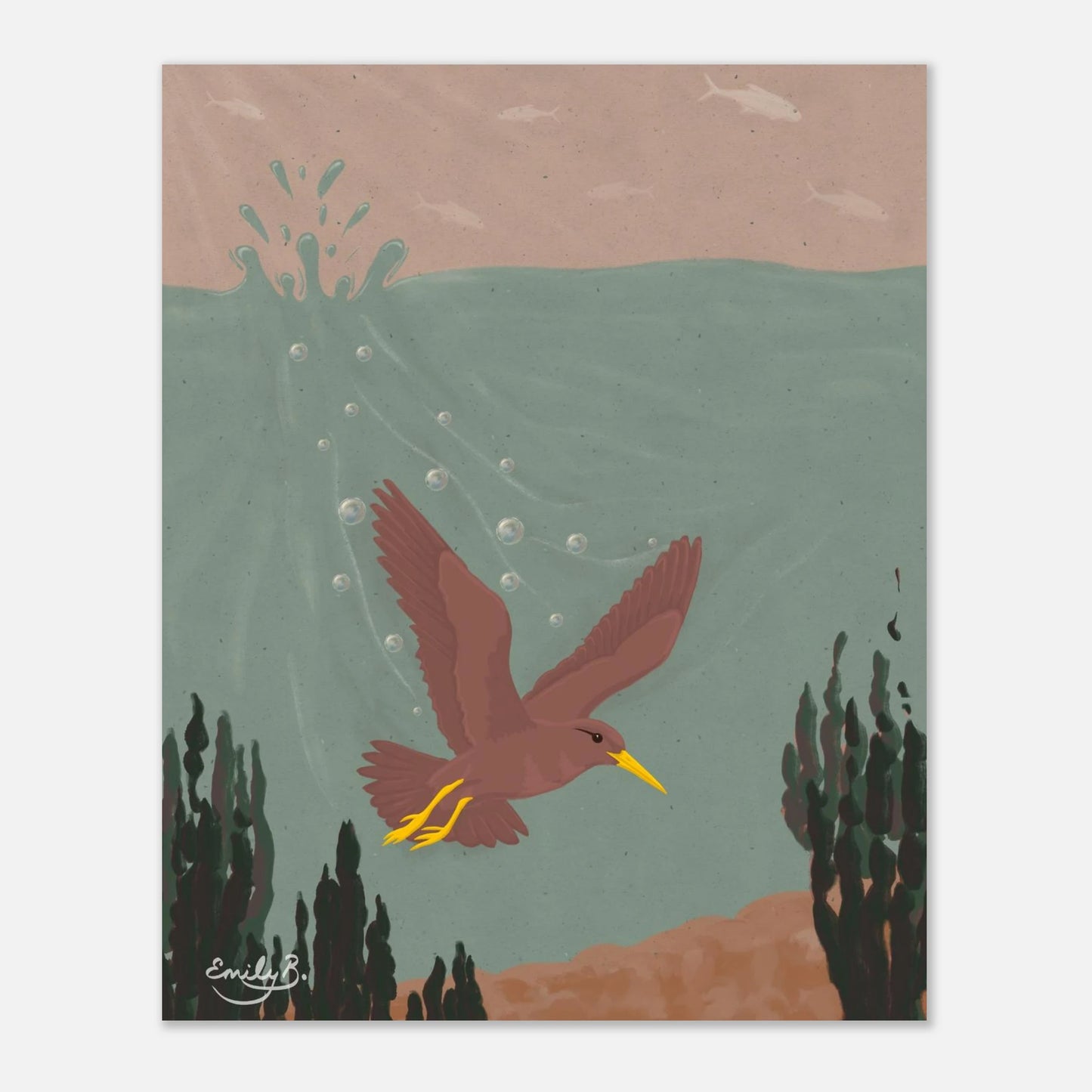 Diving Bird unframed artwork showing a bird submerged in green blue water