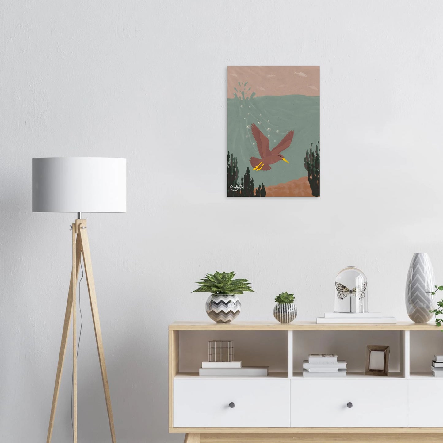 Diving Bird unframed artwork displayed highlighting fish suspended in a pinky beige sky
