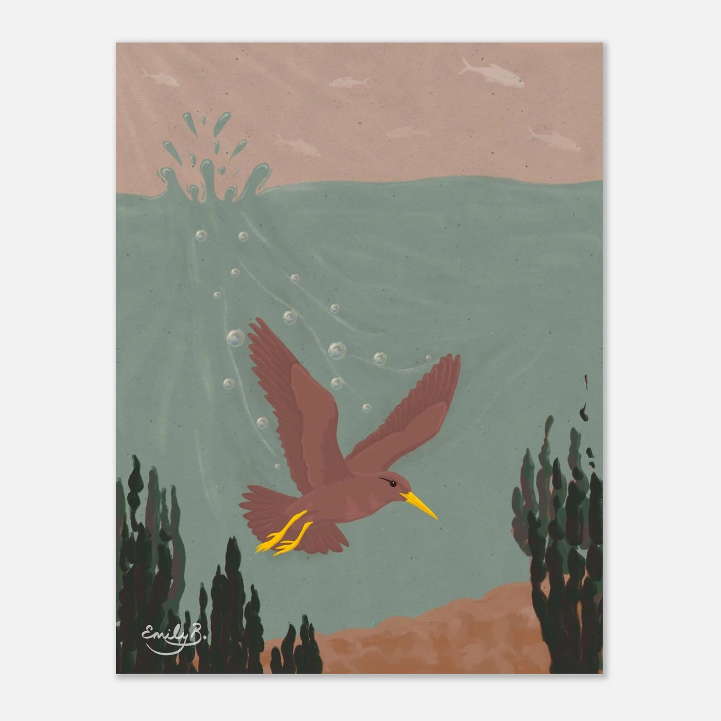 Diving Bird unframed illustration front view with river plants rising from the riverbed