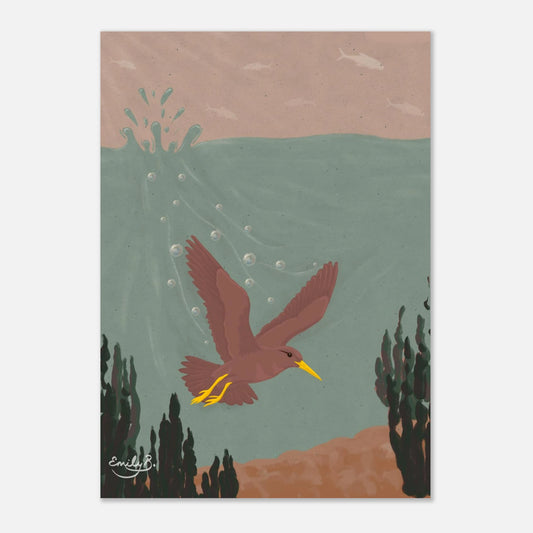 Diving Bird unframed illustration highlighting green blue water tones and underwater movement
