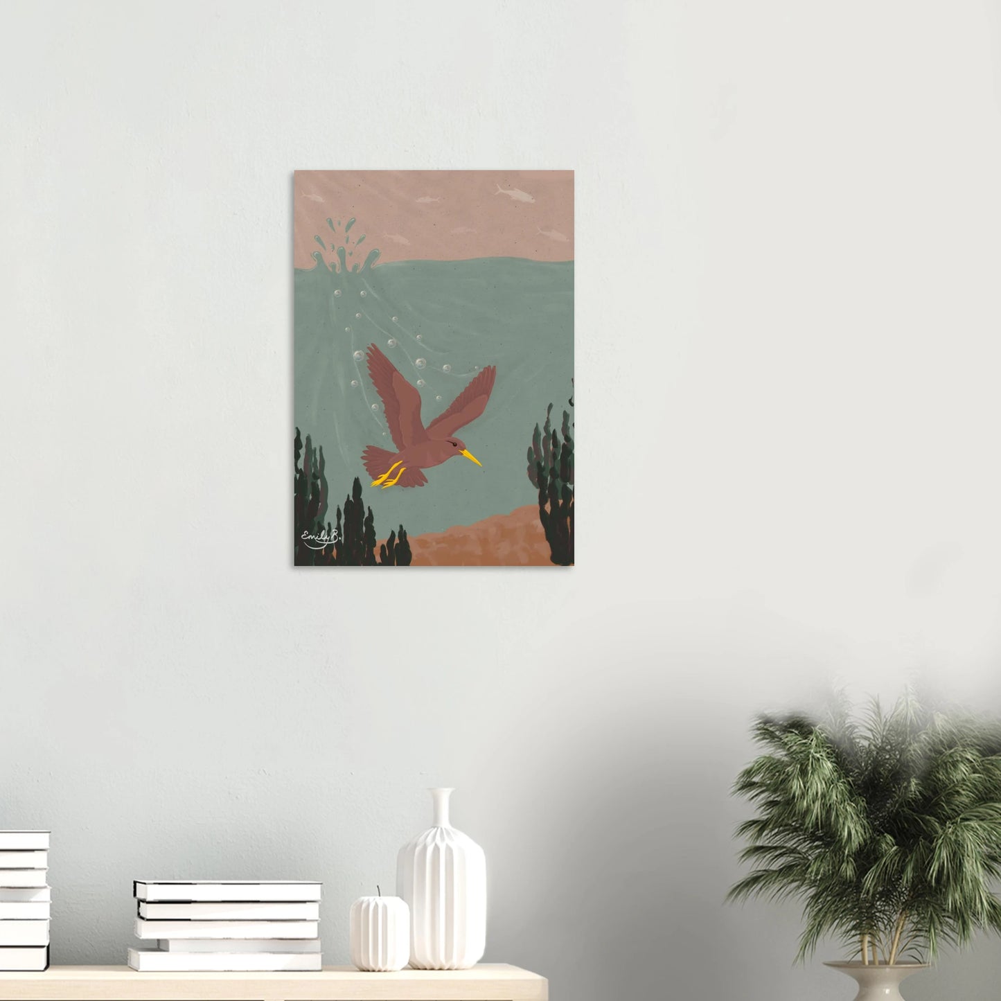 Diving Bird unframed illustration shown as wall art featuring a surreal underwater scene