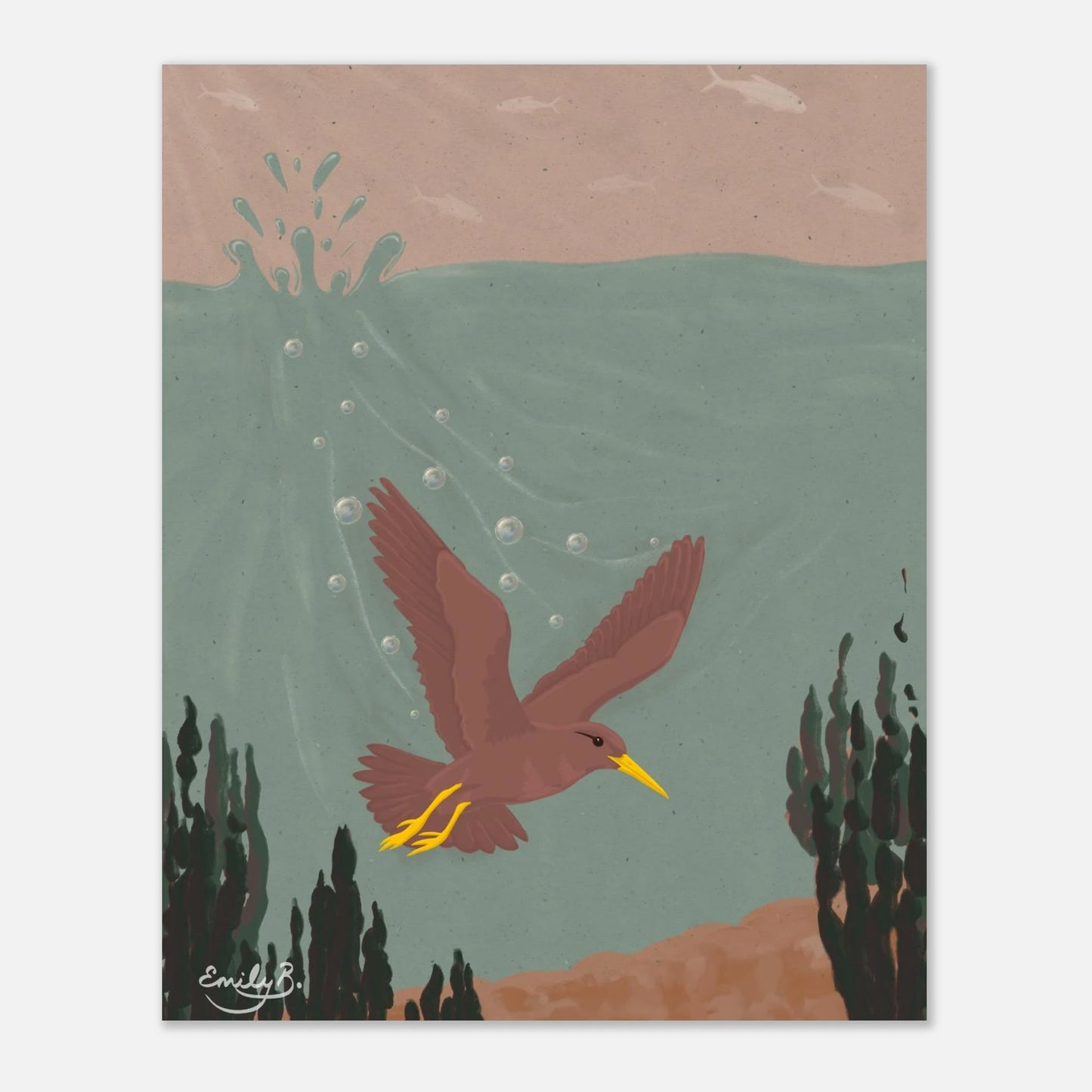 Diving Bird unframed wall art front view showing splash detail and suspended bubbles