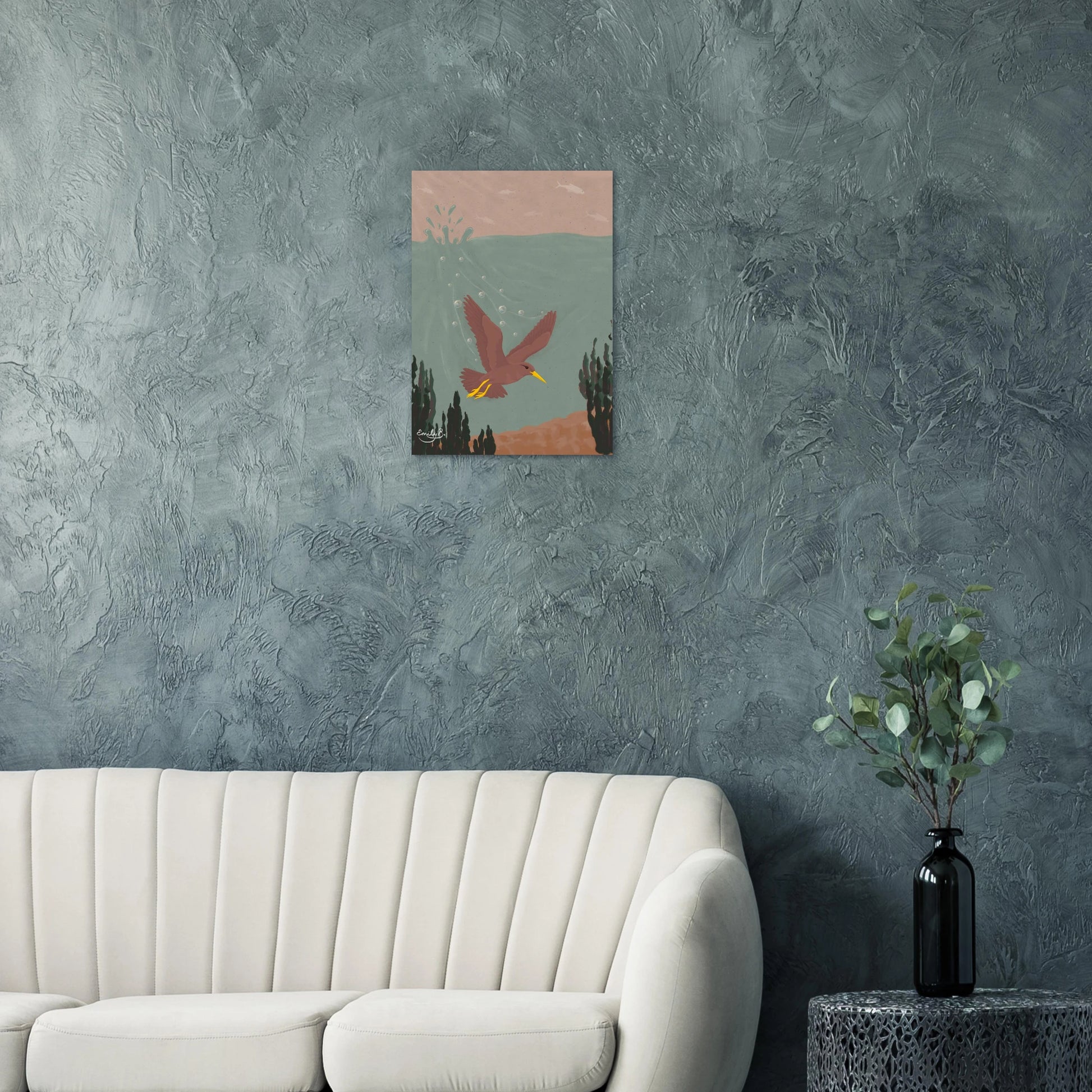 Diving Bird unframed wall art styled in a minimal setting showing green blue water and sky inversion