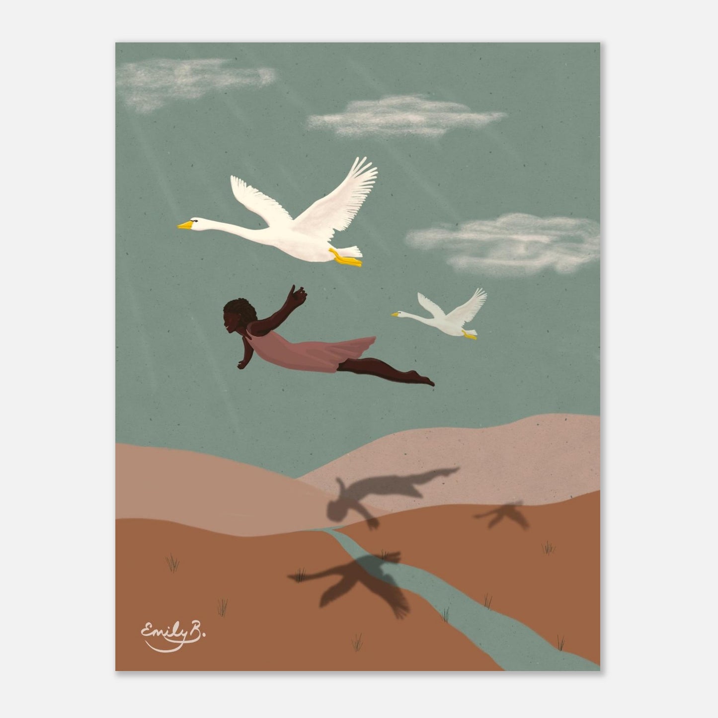 Flying With Swans illustration of a Black woman in a pink dress flying with two swans over rolling hills and a pale sky