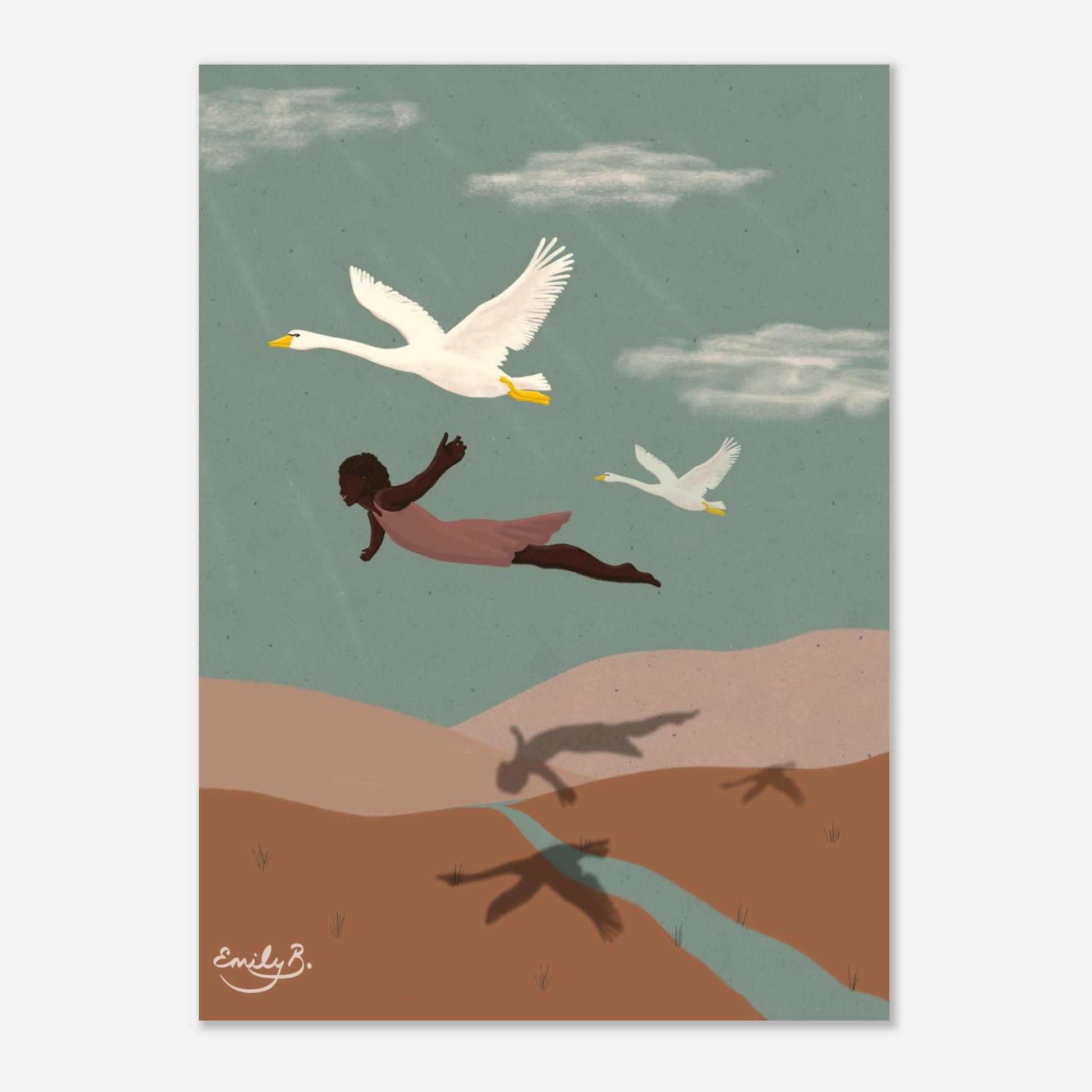 Digital artwork of Flying With Swans featuring a Black female figure gliding with swans across terracotta and camel landscapes