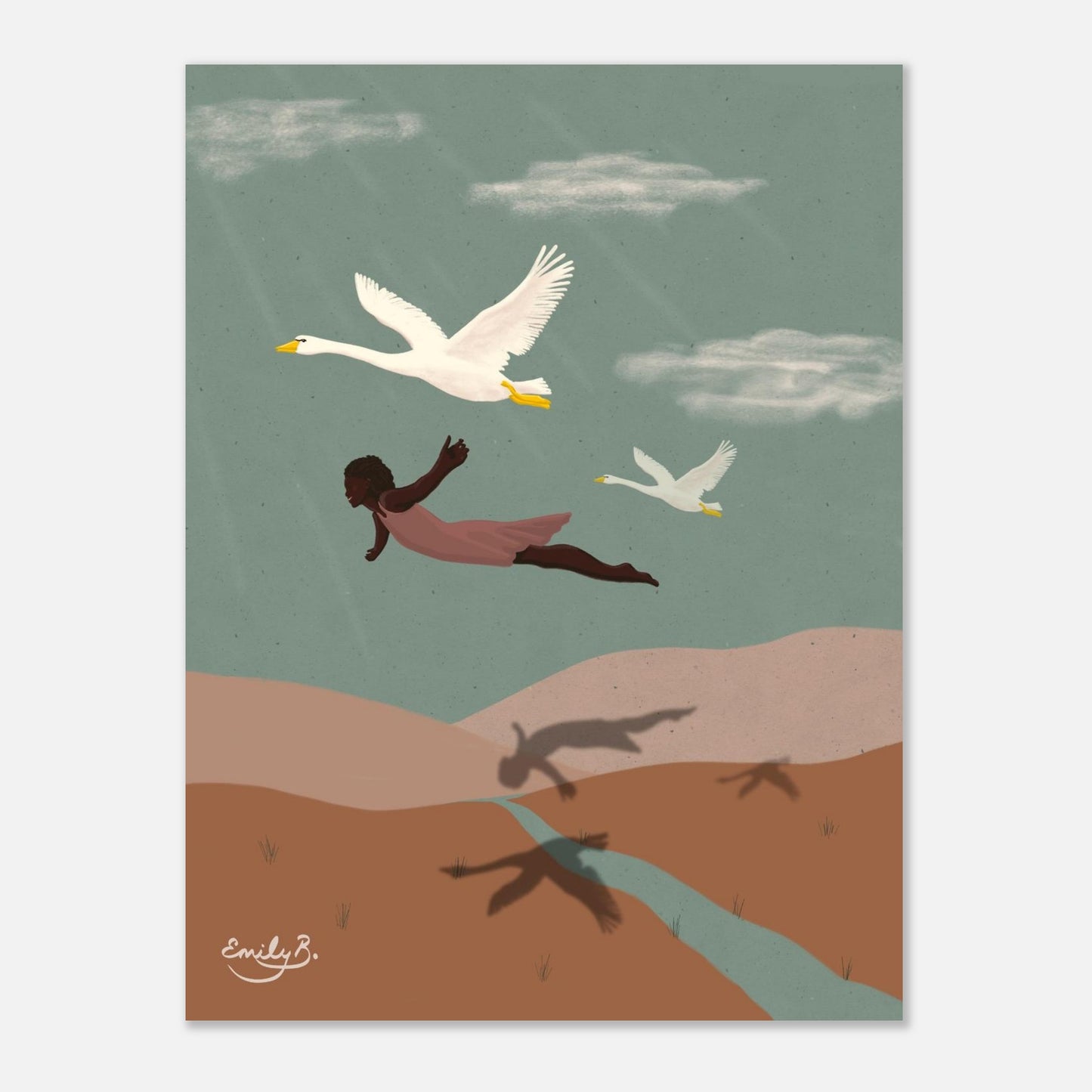 Fine art illustration of Flying With Swans depicting a Black woman flying above hills with swans and a winding river